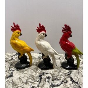 RARE MCM Vintage Cockatoo Parrot Ceramic Figurines Mid Century 3 Birds 8.25"